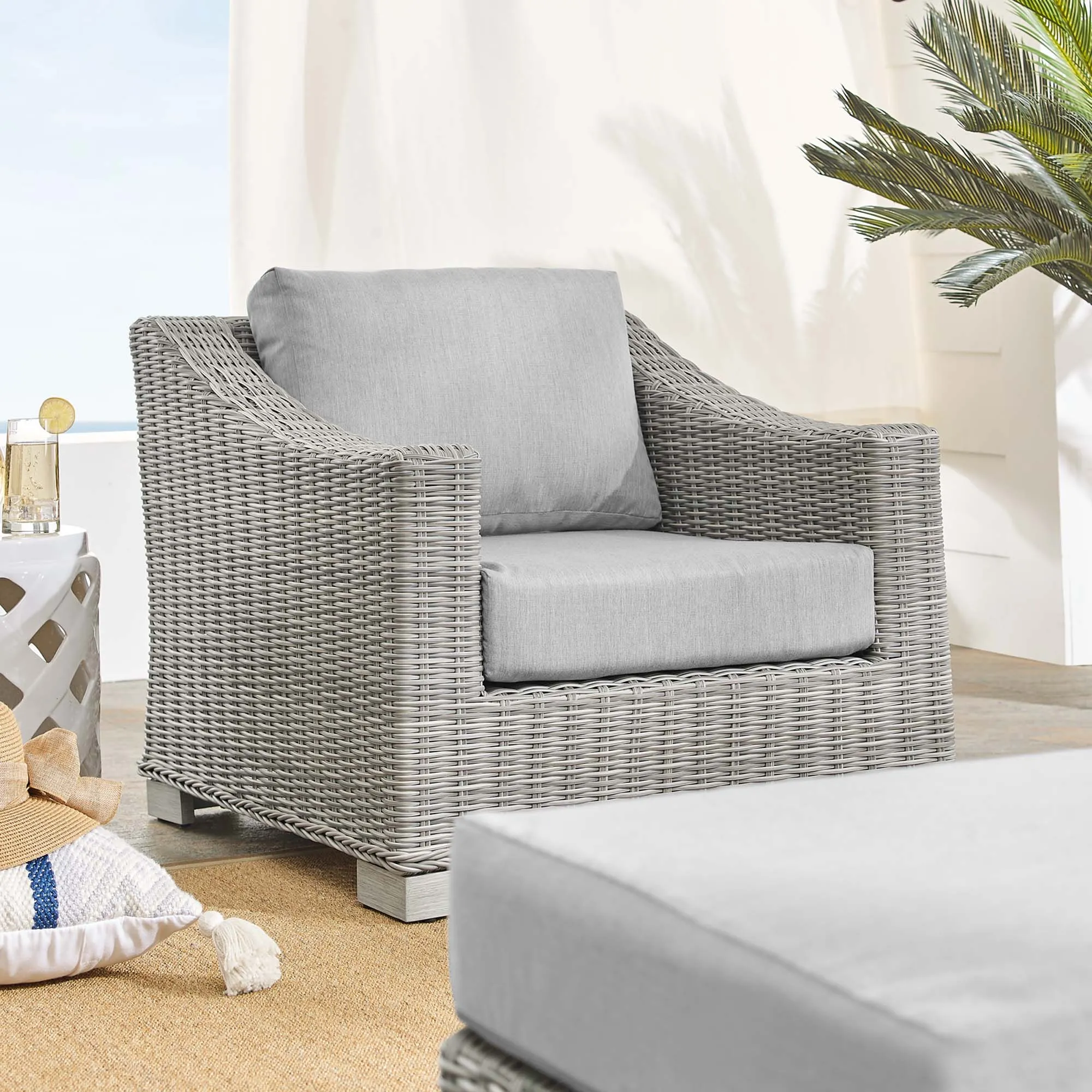 Conway 2-Piece Sunbrella® Outdoor Patio Wicker Rattan Armchair and Ottoman Set by Modway