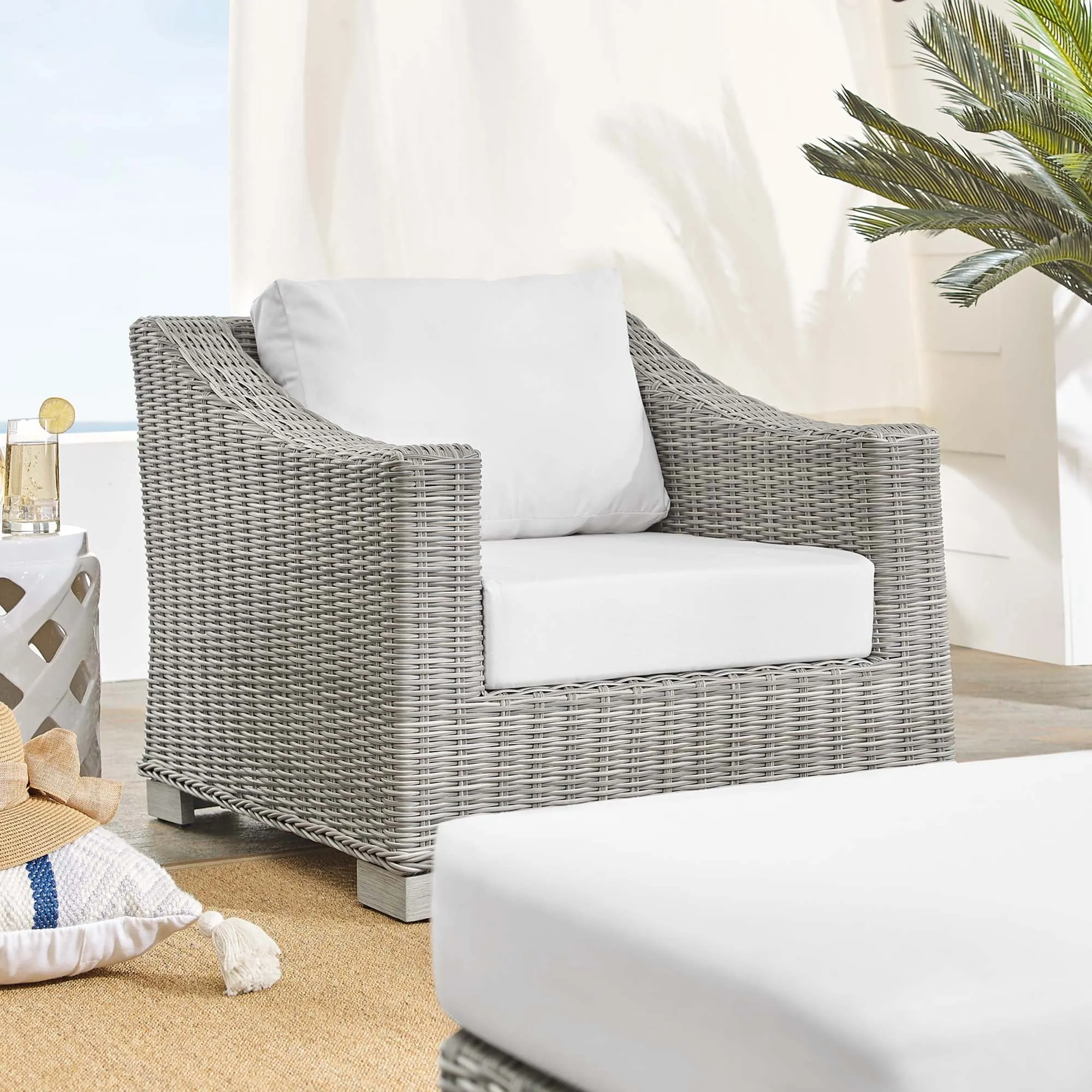 Conway 2-Piece Sunbrella® Outdoor Patio Wicker Rattan Armchair and Ottoman Set by Modway
