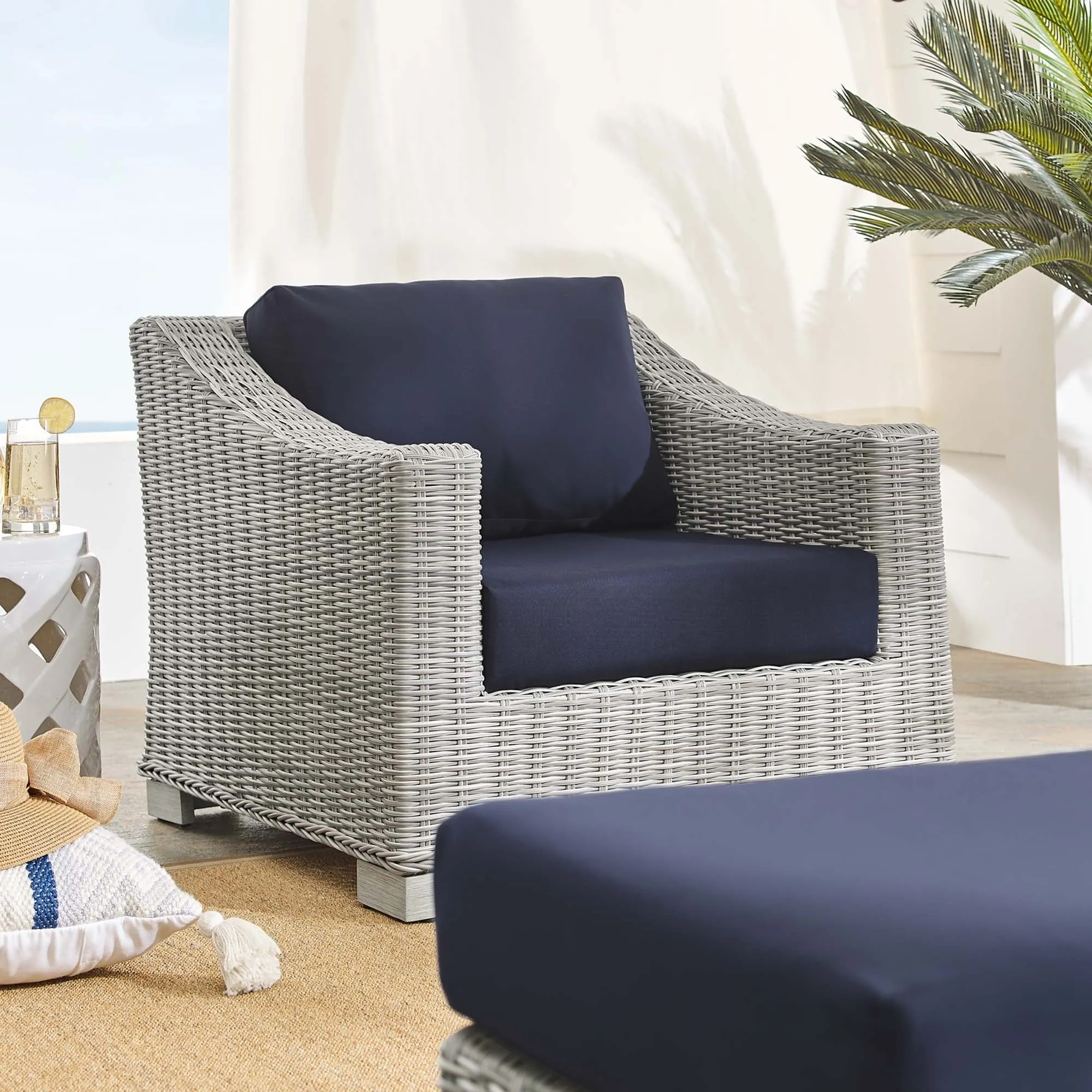 Conway 2-Piece Sunbrella® Outdoor Patio Wicker Rattan Armchair and Ottoman Set by Modway