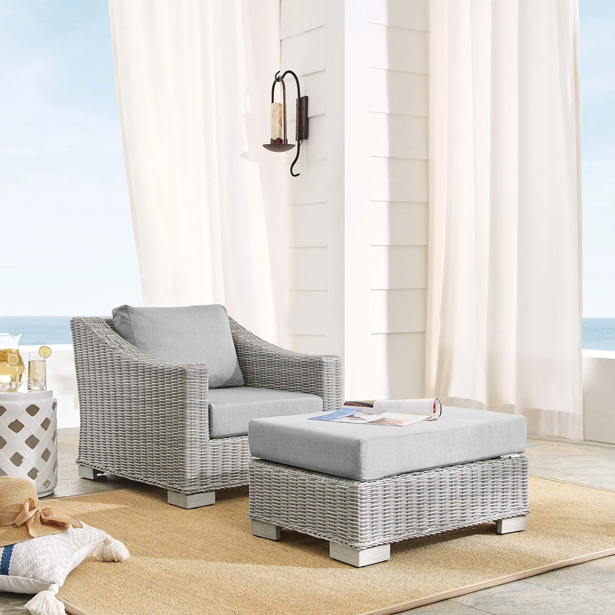 Conway 2-Piece Sunbrella® Outdoor Patio Wicker Rattan Armchair and Ottoman Set by Modway