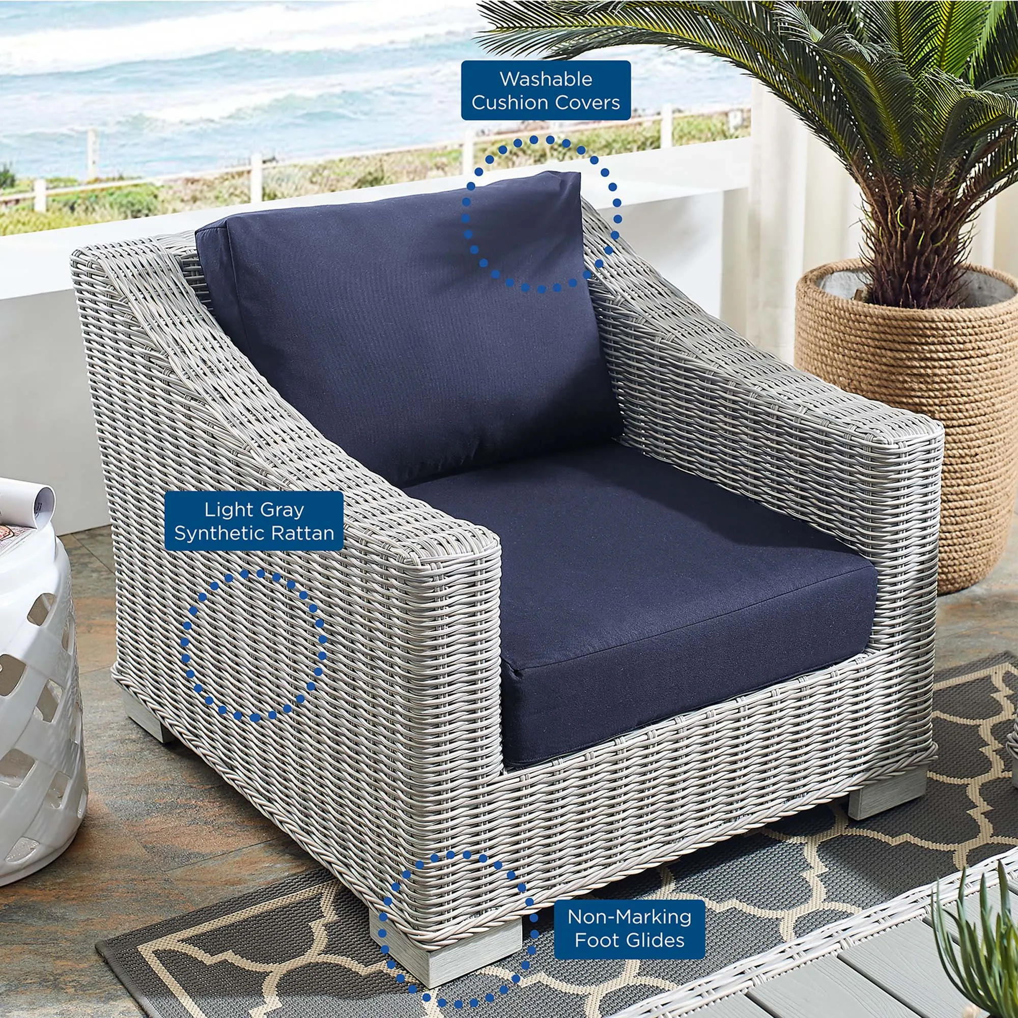 Conway 2-Piece Sunbrella® Outdoor Patio Wicker Rattan Armchair and Ottoman Set by Modway