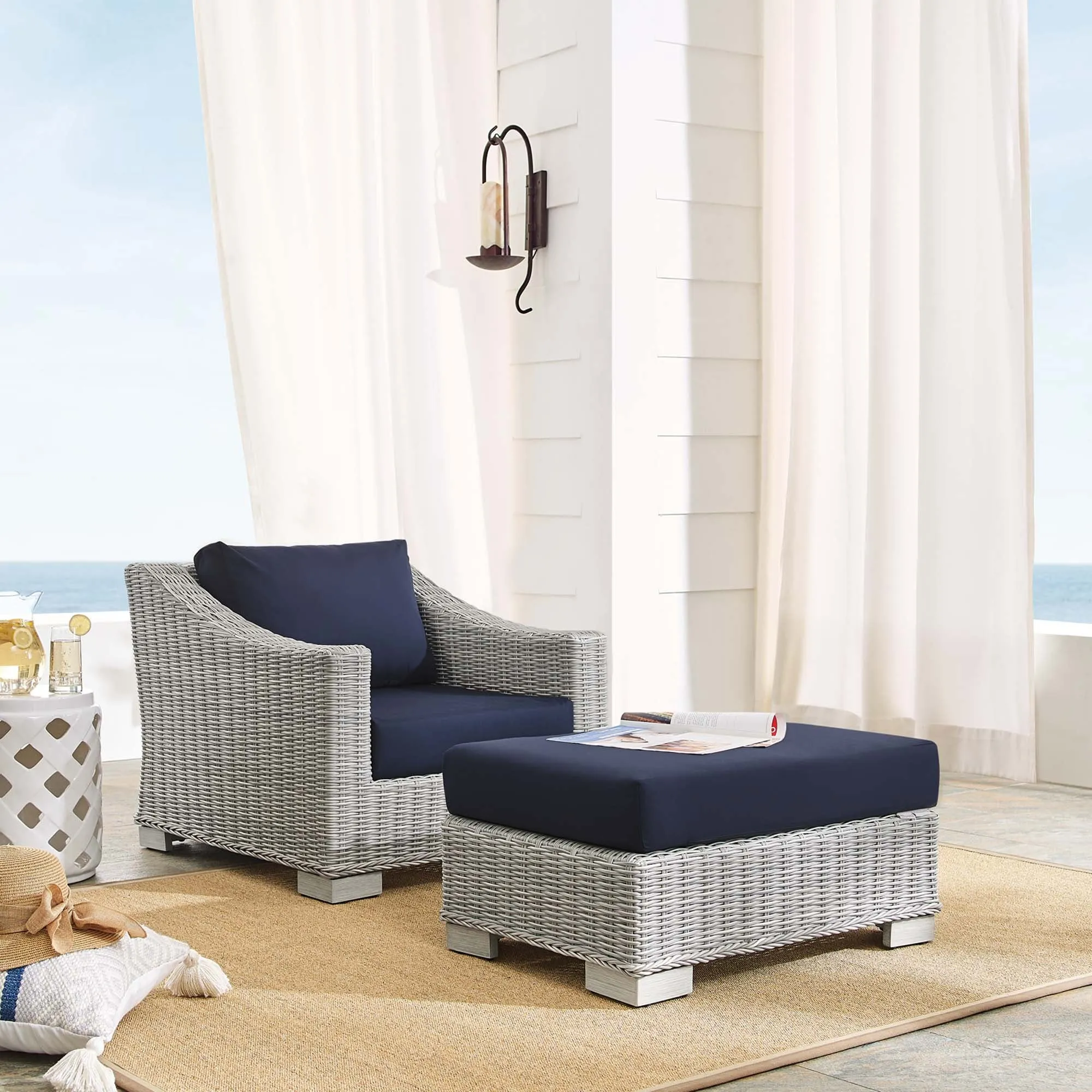 Conway 2-Piece Sunbrella® Outdoor Patio Wicker Rattan Armchair and Ottoman Set by Modway